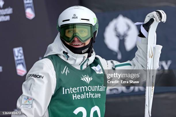 Cooper Woods of Team Australia reacts after his run for the Men's Mogul Finals during the Intermountain Healthcare Freestyle International Ski World...