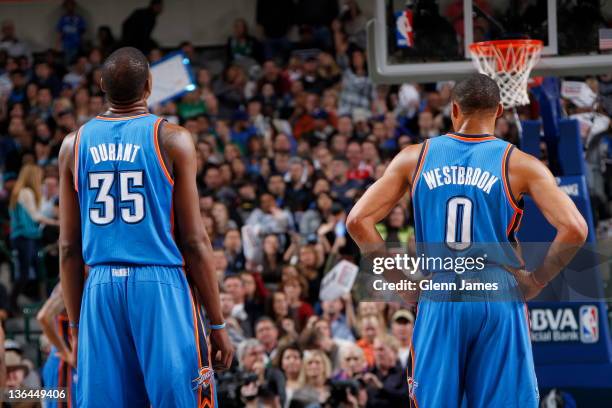 Kevin Durant and Russell Westbrook of the Oklahoma City Thunder during a stop in the action against the Dallas Mavericks on January 2, 2011 at the...