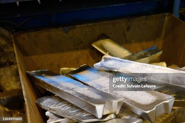 Aluminium ingots in the "Aluminium Dunkerque" plant of American Industrial Partner group on January 13, 2022 in Loon-Plage, near Dunkirk, France....