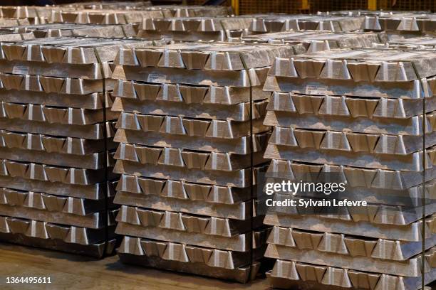 Aluminium ingots in the "Aluminium Dunkerque" plant of American Industrial Partner group on January 13, 2022 in Loon-Plage, near Dunkirk, France....