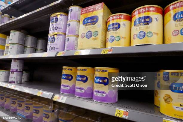 Baby formula is offered for sale at a big box store on January 13, 2022 in Chicago, Illinois. Baby formula has been is short supply in many stores...