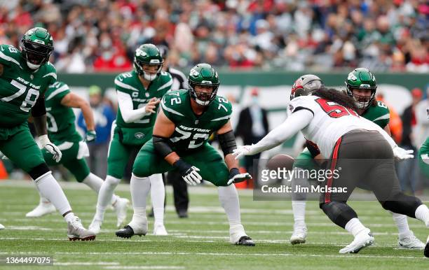 Laurent Duvernay-Tardif of the New York Jets in action against the Tampa Bay Buccaneers at MetLife Stadium on January 02, 2022 in East Rutherford,...