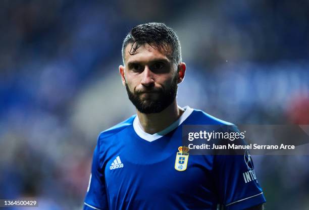 Borja Gonzalez of Real Oviedo reacts during the LaLiga Smartbank match between Real Oviedo and SD Eibar at Carlos Tartiere on January 10, 2022 in...