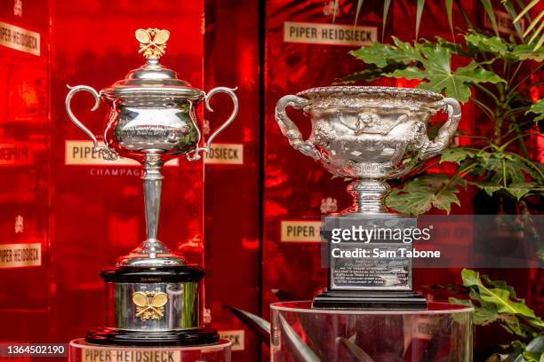General view of the Daphne Akhurst Memorial Cup and the Norman Brooks Challenge Cup during the launch of the Piper-Heidsieck Champagne Bar ahead of...