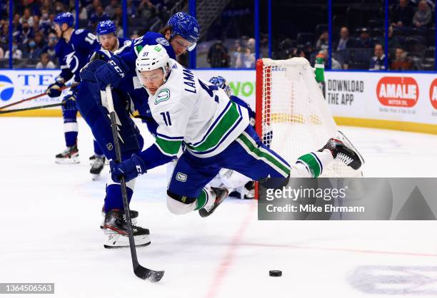 Juho Lammikko of the Vancouver Canucks and Mikhail Sergachev of the Tampa Bay Lightning fight for the puck during a game at Amalie Arena on January...