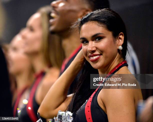 Atlanta Falcons cheerleaders stand on the sidelines during a game against the New Orleans Saints at Mercedes-Benz Stadium on January 9, 2022 in...