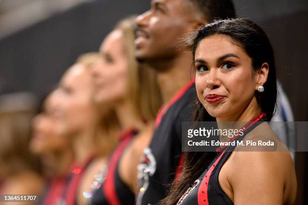 Atlanta Falcons cheerleaders stand on the sidelines during a game against the New Orleans Saints at Mercedes-Benz Stadium on January 9, 2022 in...