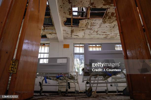 Bed frames sit in a room at the Haik Health Center damaged by artillery fire on January 12, 2022 in the Haik, Ethiopia. When the TPLF occupied the...
