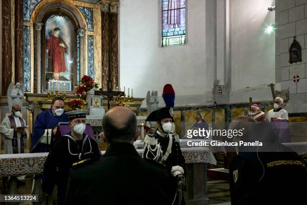The commemoration mass for the 10th anniversary of the Costa Concordia cruise ship wreck in the San Lorenzo Church on January 13, 2022 in Isola del...