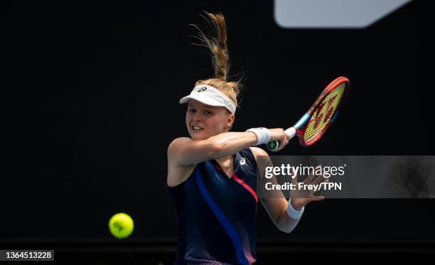 Harriet Dart of Great Britain hits a forehand against Kimberly Birrell of Australia in the final round of qualifying for the 2022 Australian Open at...