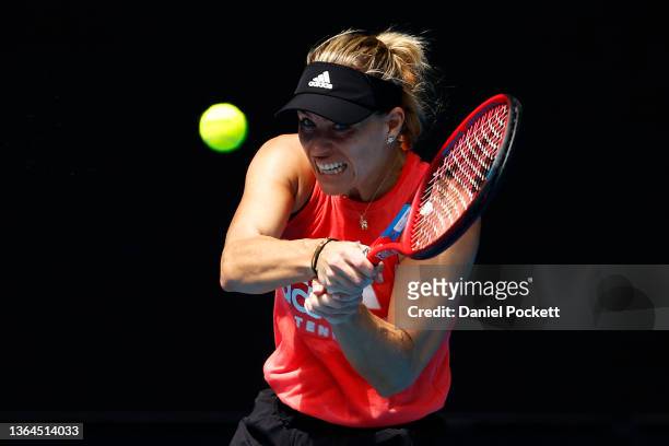 Angelique Kerber of Germany plays a backhand during a practice session ahead of the 2022 Australian Open at Melbourne Park on January 14, 2022 in...