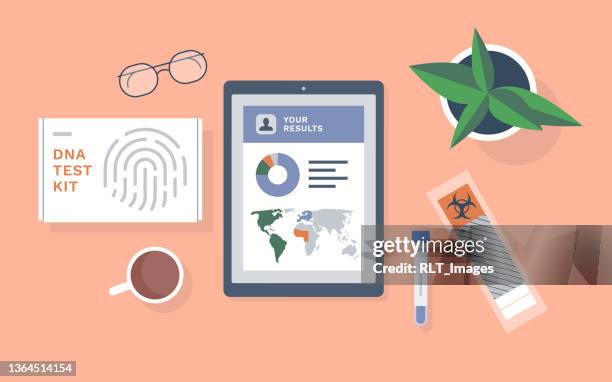 ilustrações de stock, clip art, desenhos animados e ícones de overhead view of at-home medical diagnostic test kit arranged on desk - despistagem genética