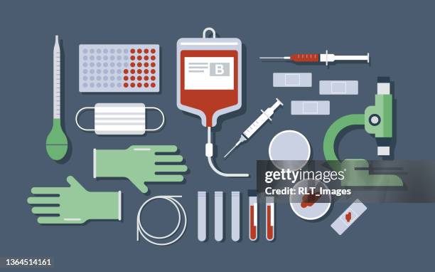 overhead view of neatly ordered medical laboratory supplies - empty blood bag stock illustrations