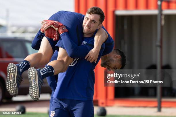 Matt Turner, Cristian Roldan of the United States during a training session at Phoenix Rising FC Soccer Complex on January 12, 2022 in Phoenix,...