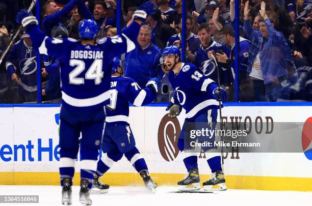 Boris Katchouk of the Tampa Bay Lightning celebrates a goal during a game against the Vancouver Canucks at Amalie Arena on January 13, 2022 in Tampa,...