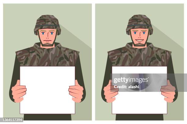 ein soldat der armee hält ein leeres schild mit zwei verschiedenen emotionen - caucasian appearance stock-grafiken, -clipart, -cartoons und -symbole