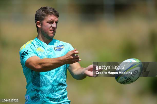 Teihorangi Walden passes during a Hurricanes Super Rugby training session at Rugby League Park on January 14, 2022 in Wellington, New Zealand.