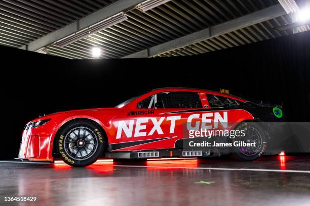 Next Gen model sits on display in the garage during the NASCAR Next Gen Test at Daytona International Speedway on January 12, 2022 in Daytona Beach,...