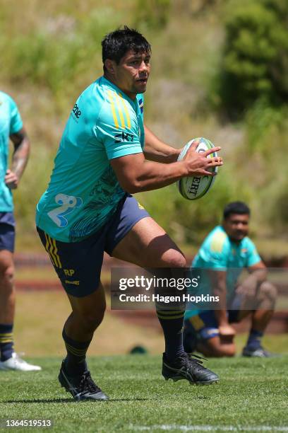 Reed Prinsep in action during a Hurricanes Super Rugby training session at Rugby League Park on January 14, 2022 in Wellington, New Zealand.