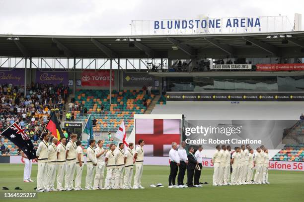 Australia and England line up for the national anthem during day one of the Fifth Test in the Ashes series between Australia and England at...