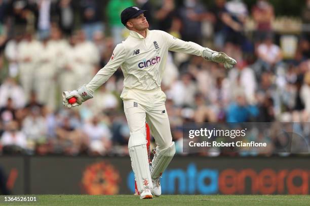 Sam Billings of England during day one of the Fifth Test in the Ashes series between Australia and England at Blundstone Arena on January 14, 2022 in...