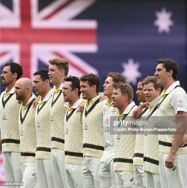 Pat Cummins and Steve Smith of Australia sing the national anthem before day one of the Fifth Test in the Ashes series between Australia and England...