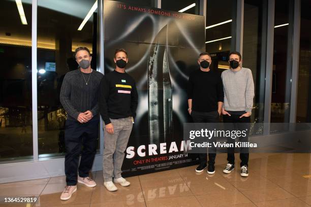David Arquette, Christopher Landon, Kevin Williamson, and Matt Bettinelli-Olpin attend the Los Angeles Fan Screening and Q&A for 'SCREAM' at Cinemark...