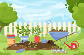Garden landscape. Cartoon concept with spring and summer garden scene with tools and instruments for agriculture and soil work. Vector illustration
