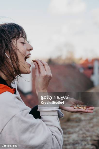 music and nuts after jogging - nuts stock pictures, royalty-free photos & images