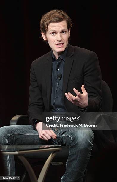 Actor Shaun Evans speaks onstage during the Masterpiece "Endeavour" panel during the PBS portion of the 2012 Winter TCA Tour at The Langham...