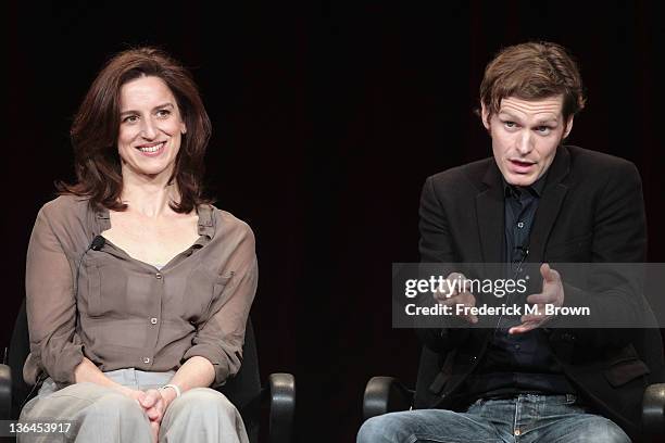 Actress Abigail Thaw and actor Shaun Evans speak onstage during the Masterpiece "Endeavour" panel during the PBS portion of the 2012 Winter TCA Tour...
