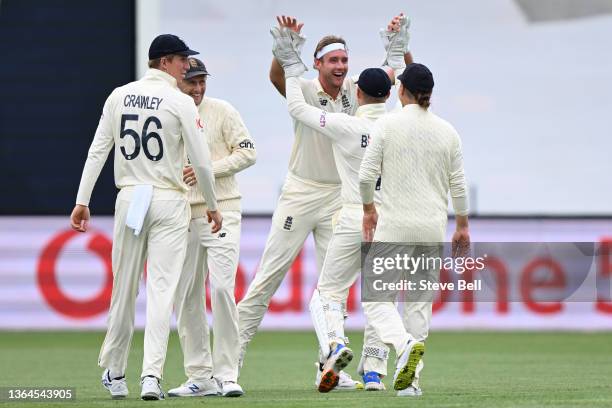 Stuart Broad of England celebrates his wicket of Marnus Labuschagne of Australia during day one of the Fifth Test in the Ashes series between...