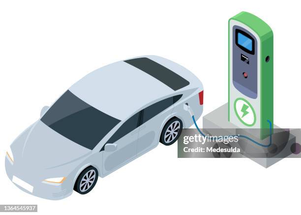 isometric car - electric vehicle charging station stock illustrations