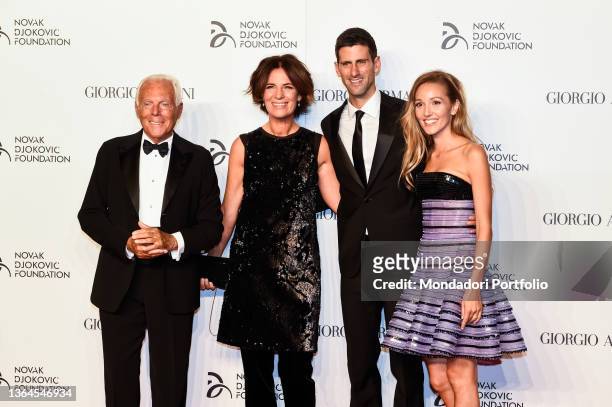 Giorgio Armani, Roberta Armani, Novak Djokovic and Jelena Djokovic attend the Milan Gala Dinner benefitting the Novak Djokovic Foundation presented...