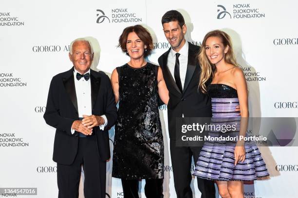 Giorgio Armani, Roberta Armani, Novak Djokovic and Jelena Djokovic attend the Milan Gala Dinner benefitting the Novak Djokovic Foundation presented...