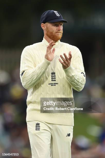 Ben Stokes of England looks on during day one of the Fifth Test in the Ashes series between Australia and England at Blundstone Arena on January 14,...