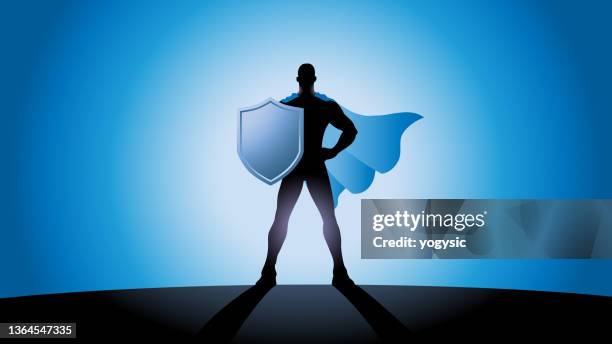 stockillustraties, clipart, cartoons en iconen met vector superhero wielding shield silhouette stock illustration - superheld