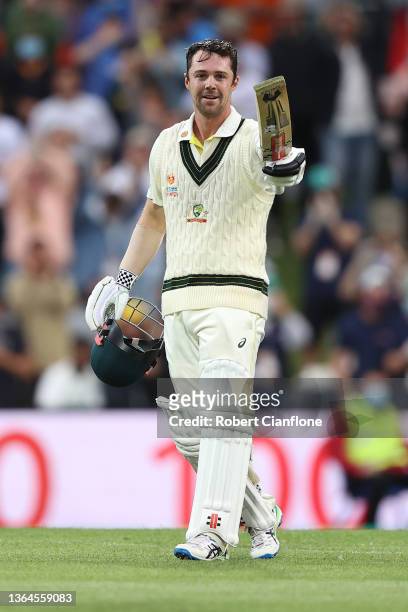 Travis Head of Australia scores a century during day one of the Fifth Test in the Ashes series between Australia and England at Blundstone Arena on...