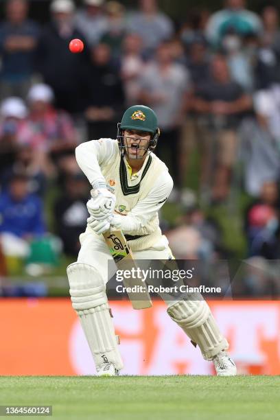 Alex Carey of Australia bats during day one of the Fifth Test in the Ashes series between Australia and England at Blundstone Arena on January 14,...