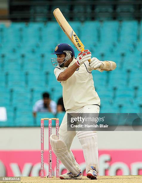 Laxman of India drives during day four of the Second Test Match between Australia and India at Sydney Cricket Ground on January 6, 2012 in Sydney,...