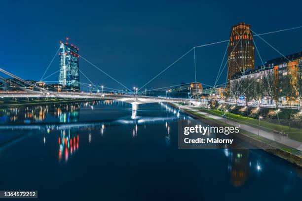 blockchain network spanning across the frankfurt city skyline and the european central bank - city lights reflected on buildings speed stock pictures, royalty-free photos & images