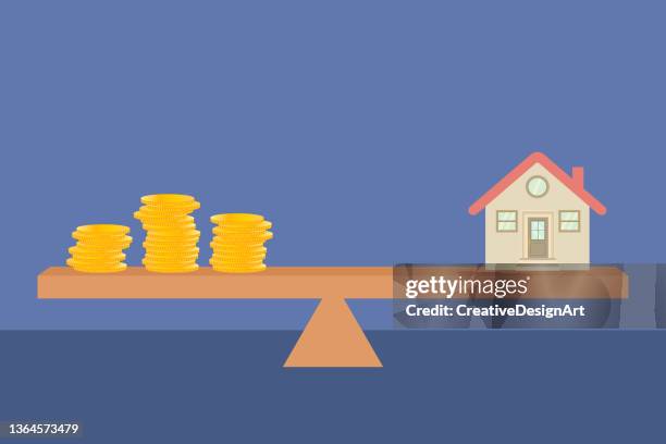 stockillustraties, clipart, cartoons en iconen met house and gold coins on seesaw. balance concept. - housing loan