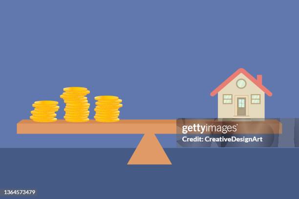 bildbanksillustrationer, clip art samt tecknat material och ikoner med house and gold coins on seesaw. balance concept. - loan