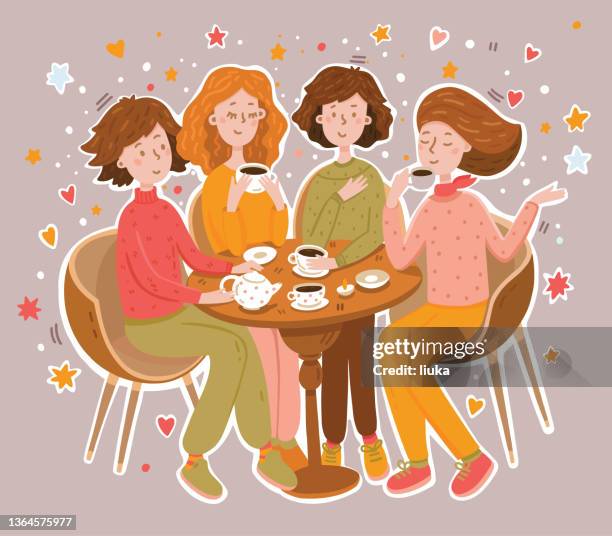 girls drinking coffee and tea in a cafe - women meeting lunch stock illustrations