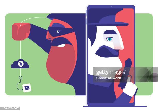 hacker phishing behind security guard and smartphone - fraud prevention stock illustrations