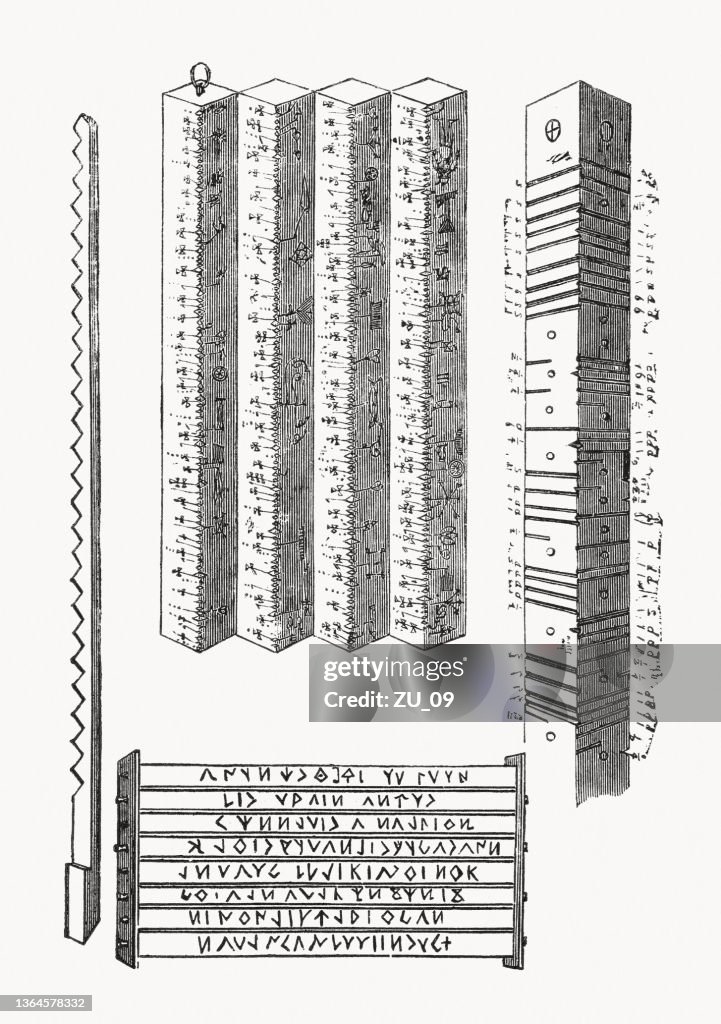 Runic Engravings Ancient Runic Writing On Wooden Sticks Wood Engraving Published 1862 ...