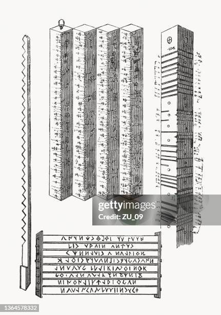 ancient runic writing on wooden sticks, wood engraving, published 1862 - etruscan stock illustrations