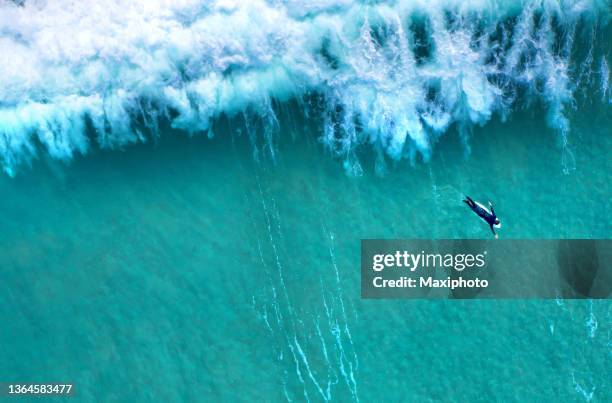 big wave splashing behind a lonely surfer seen from above - surfer stock pictures, royalty-free photos & images