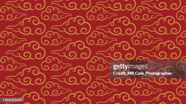 illustrations of chinese new year background concept, gold cloud pattern outline on red background - golden clouds stockfoto's en -beelden