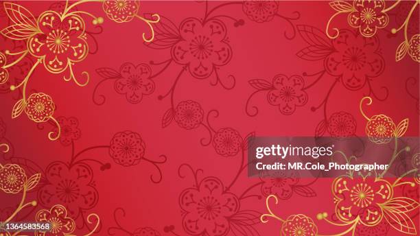blossom shape in gold color outline on red background for chinese new year background - chinese language fotografías e imágenes de stock